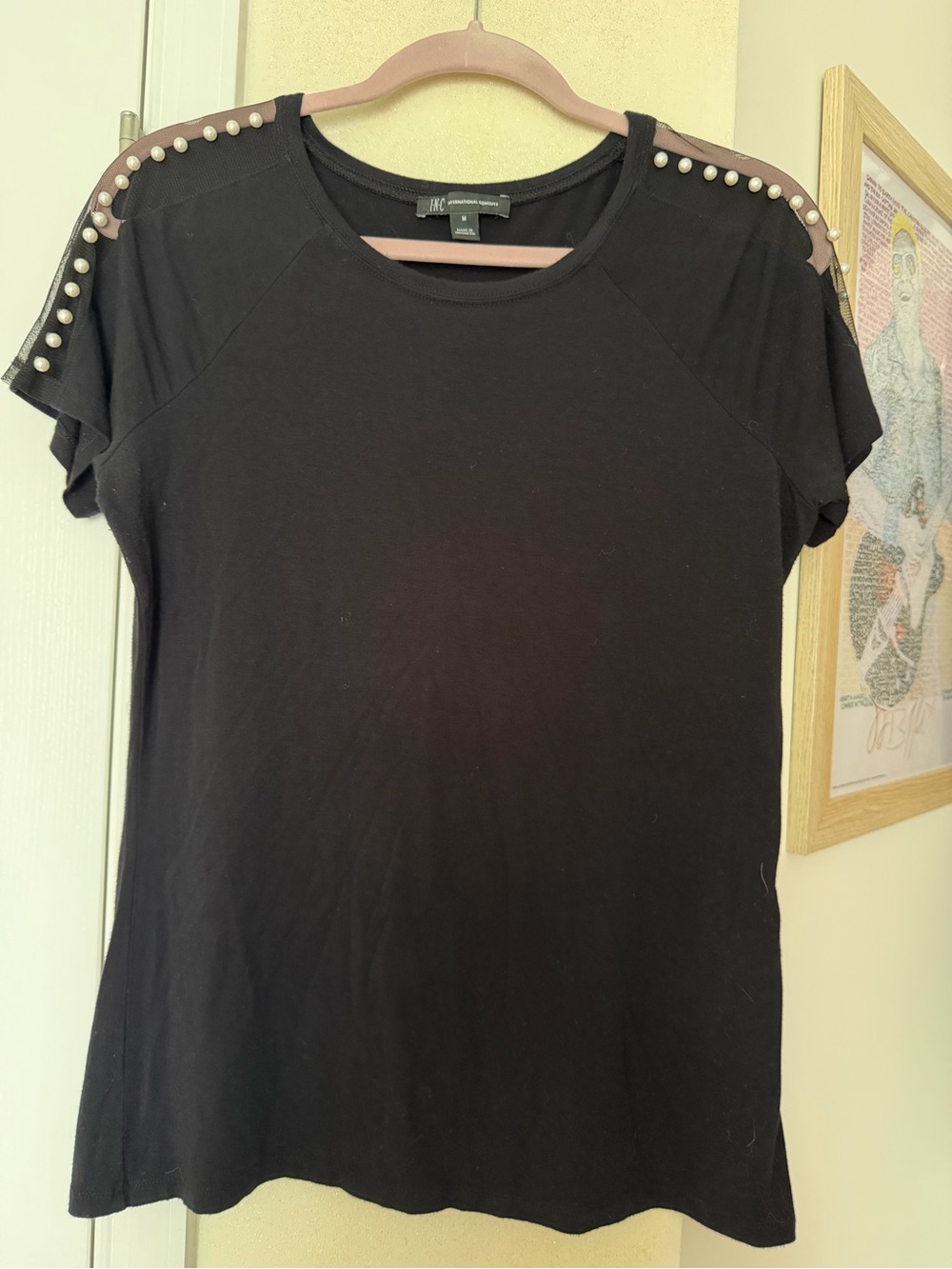 INC International Concepts Black Short-Sleeve Tee with Studded Pearl Shoulders - Picture 2 of 3